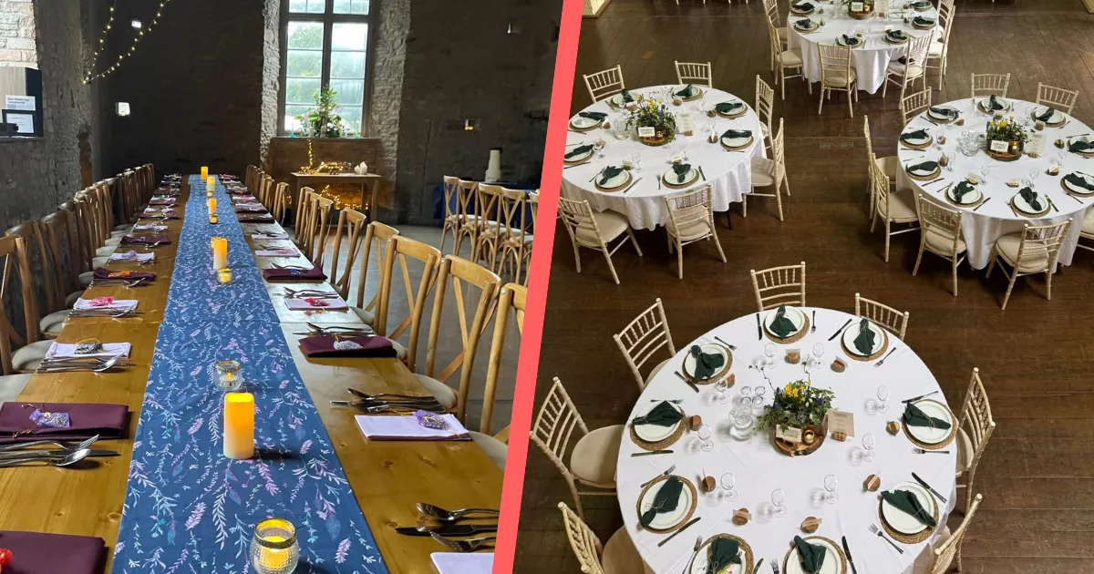Split image showing round tables vs trestle tables.