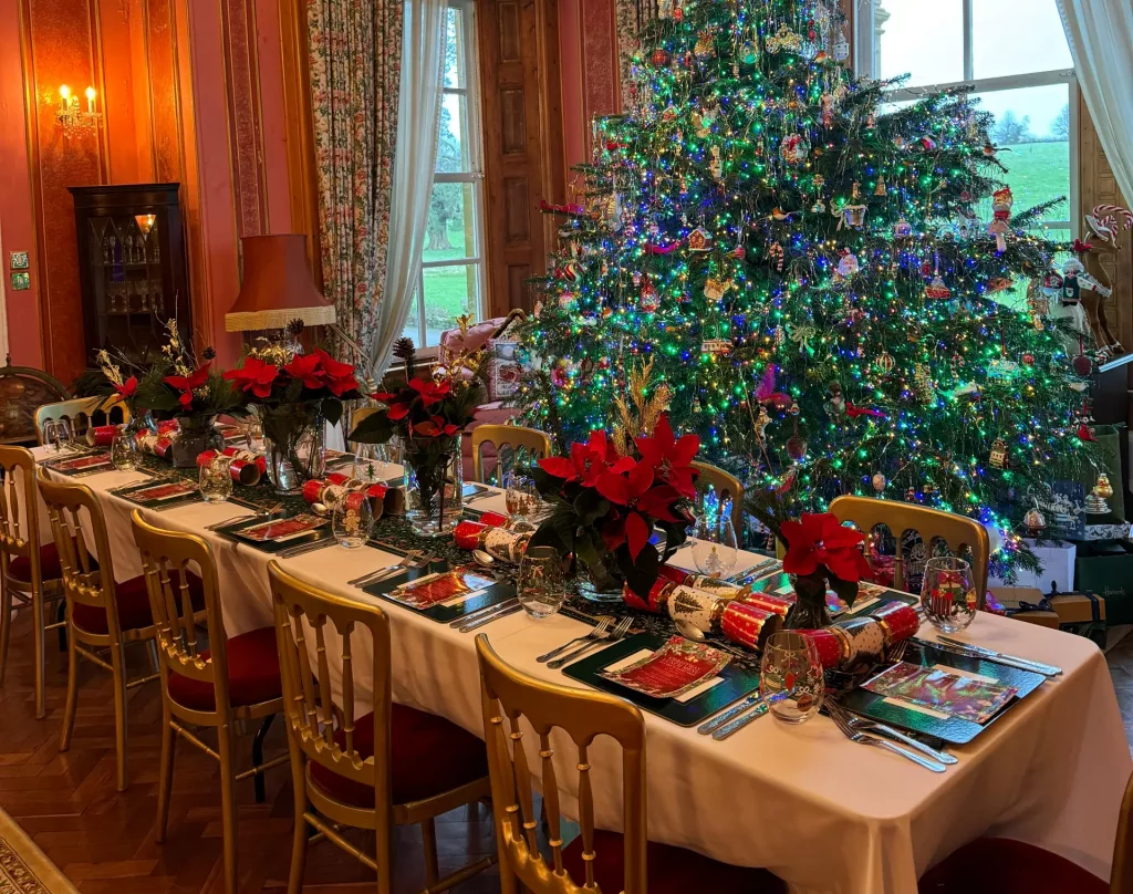 Christmas dinner using Gold meechams, trestle tables and ice white linen